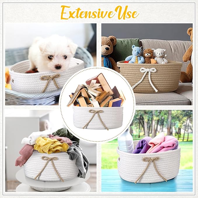 Breling 3 Pieces Bow Laundry Baskets with Coquette for Kids,Basket Bow Woven Gift Baskets with Handles for Living Room Toys Organizer,Girls Nursery Playroom, Pet Toy Basket(Khaki, White)