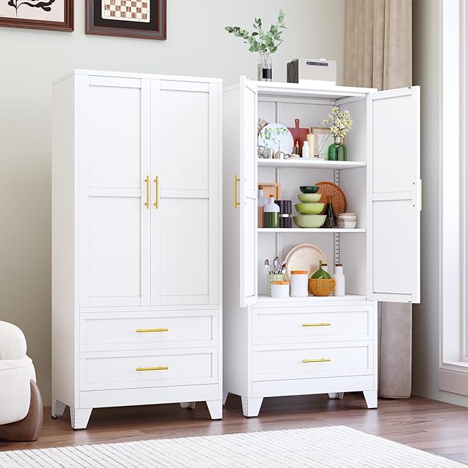 71" Tall Metal Pantry Cabinet, Steel Storage Cabinets with 2 Doors, 2 Adjustable Shelf and 2 Drawers, Used as Kitchen Cabinet, Freestanding Cupboard for Kitchen, Office, Living Room (White)