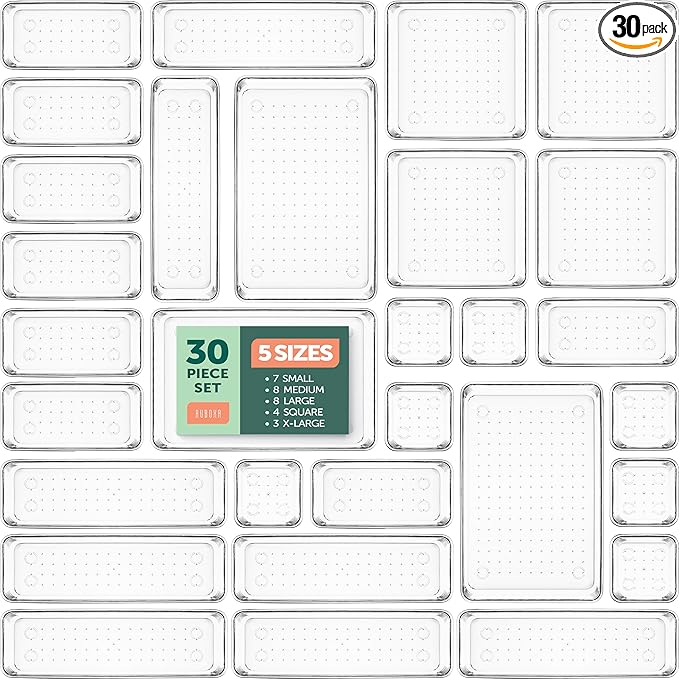 30 PCS Clear Plastic Drawer Organizers Set, 5 Sizes Clear Drawer Organizers & storage Bins for Makeup/Jewelry Vanity, Kitchen Gadgets Or Office Desk. Bathroom Drawer Organizer Trays With Non-Slip Pads