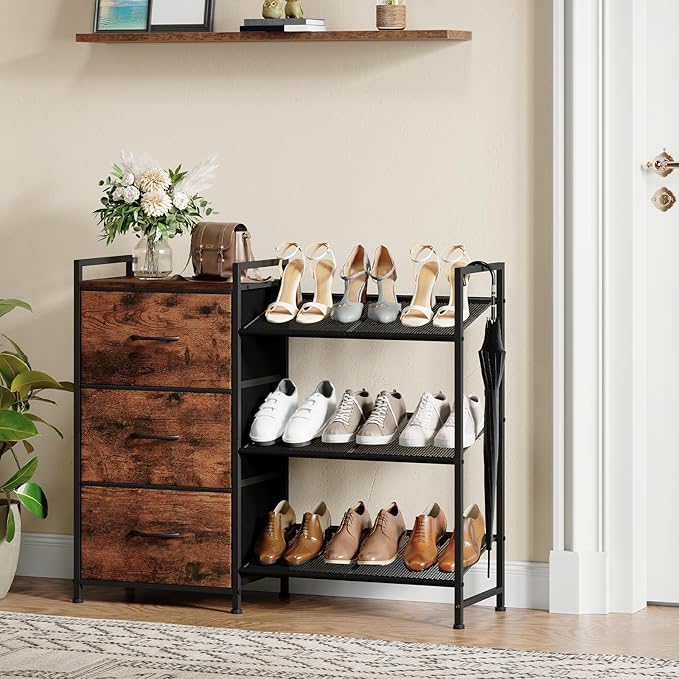 Somdot Shoe Rack, 3 Tier Shoe Organizer with 3 Drawers, Metal Shoe Storage Shelf for 6-9 Pairs of Shoes, Narrow Shoe Rack for entryway, Wood Grain Print