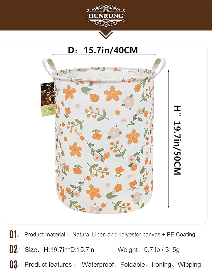 HUNRUNG Laundry Hamper,Large Canvas Fabric Lightweight Storage Basket Toy Organizer Dirty Clothes Collapsible Waterproof for College Dormsï¼Round-Orange Flowerï¼