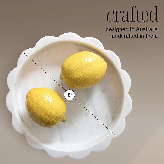 White Scalloped Marble Tray - 8" Round Stone Vanity Tray for Perfume & Jewelry, Marble Dish for Bathroom Countertop & Kitchen Counter, Decorative Tray for Bathroom & Kitchen, Modern Catchall