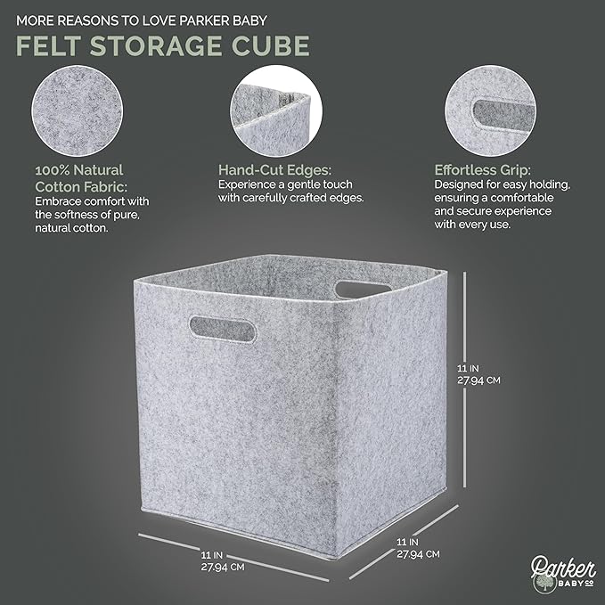 Parker Baby Felt Foldable Storage Cube - 11 Inch Nursery Cubby Bin for Cube Organizer, Closet Organizers and Storage Toy Bin, Rope Baskets Bins for Toyâs Storage - Gray
