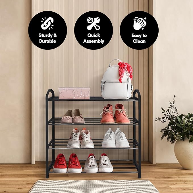 Americanflat Shoe Organizer - 4 Tier Shoe Rack Storage Shelf with Reinforced Frame and Metal Tubes - Black Shoe Rack for Closet, Entryways, or Garages - Easy to Assemble Space-Saving Design