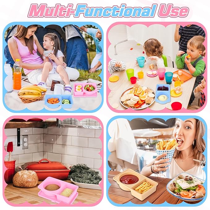 3 Pack Silicone Snack Containers with Lids, Double Compartment Reusable Snackle Box Container, Dressing Containers, Small Food Box for Lunch, Travel, Office, Picnic