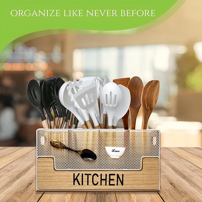 4 Compartments Large Kitchen Utensil Holder Organizer for Counter or Countertop|Wooden Storage Container for Cooking and Silverware| Farmhouse Rustic For Kitchen Organizer