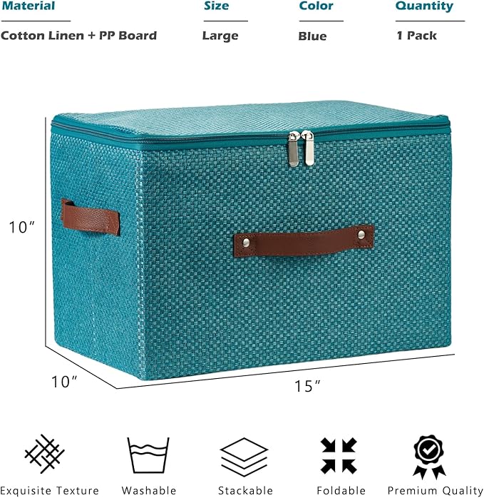 Storage Bins with Lid Fabric Storage Box Basket PU Leather Handle Textured Woven Cotton Linen Decorative Foldable Washable Shelf Closet Organizer Container (Zipper Lid, Blue, Large)