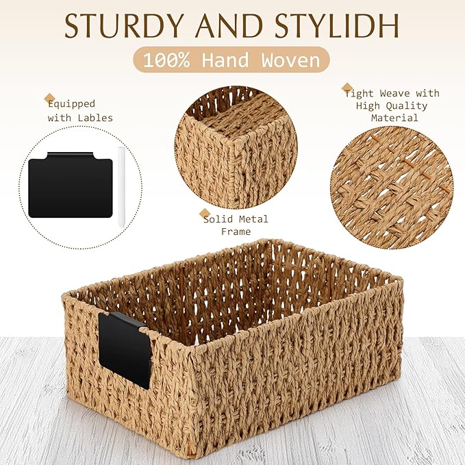 Marsui 6 Pcs Wicker Storage Baskets with Labels Handwoven Paper Rope Multi-size Natural Wicker Storage Bins for Organizing Small Baskets Container for Shelves Closet Pantry Toilet(Natural)