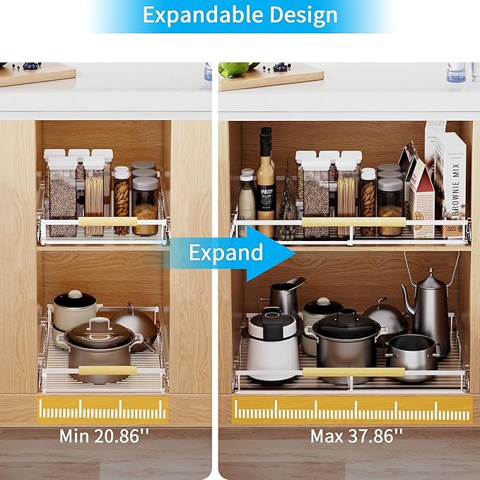 Expandable Pull Out Drawer Cabinet Organizer, Adjustable Width Bottom-Mounted Slide Out Storage Shelves for Cabinets, Required Cabinet Size (W: 20.86"~37.86", D≥22.5"), 2 Pack