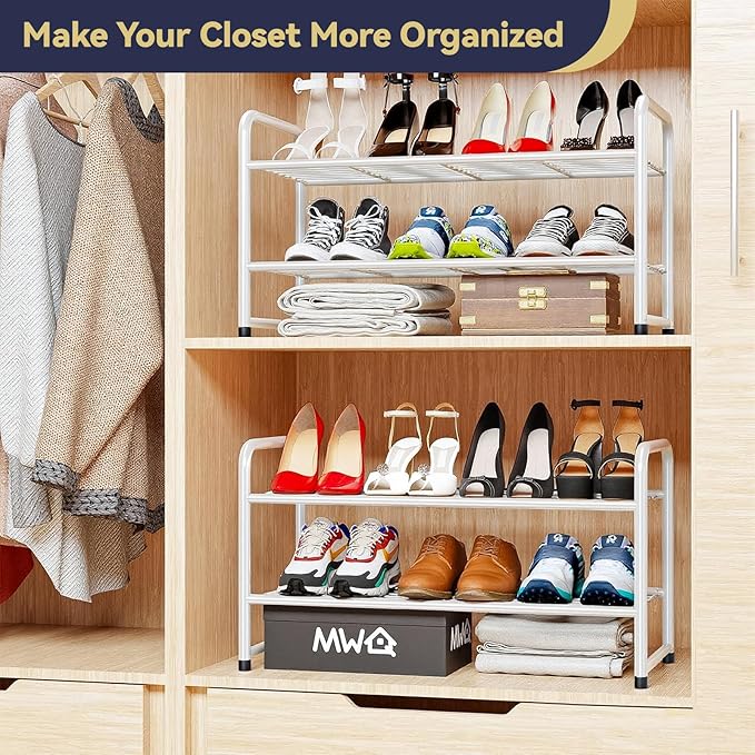 Shoe Rack White for Closet, 2 Tier 27" Shoe Organizer Shelf Stackble Metal