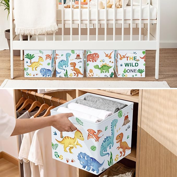 11.8" Boho Dinosaurs Cube Storage Organizer Set 3Pcs Palms Eggs Cube Storage Bin for Bathroom/Bedroom Kid Book Toy Chest, Volcanoes
