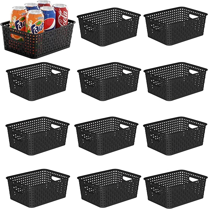 Black Storage Baskets, 12-Pack Stackable Plastic Woven Basket Organizer and Storage, Pantry baskets for Shelves, Cabinets, Classroom, Kitchens, Bathrooms, Countertops and Bedrooms