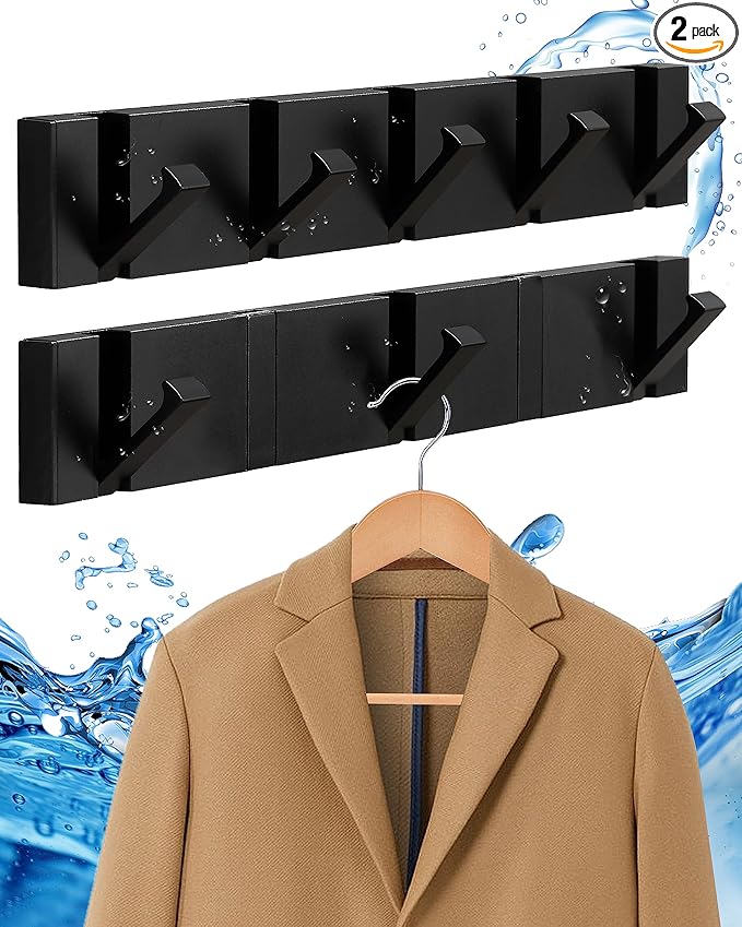 Waterproof Black Wall Hooks - 2 Pack Modern Foldable Towel Hooks for Bathrooms, Coat Hooks Wall Mounted - Stylish, Durable, and Easy to Install