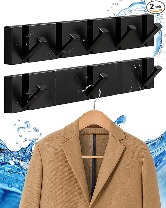 Waterproof Black Wall Hooks - 2 Pack Modern Foldable Towel Hooks for Bathrooms, Coat Hooks Wall Mounted - Stylish, Durable, and Easy to Install