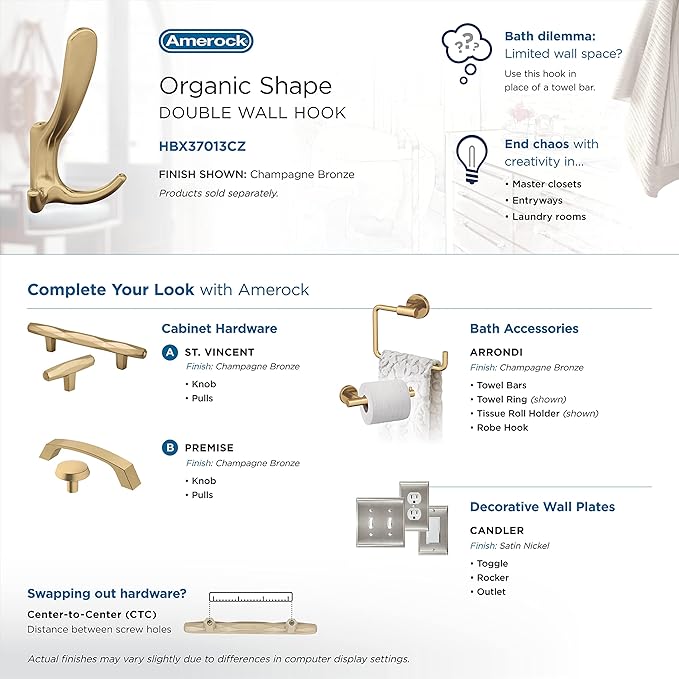 Amerock HBX37013CZ | Finesse Triple Prong Decorative Wall Hook | Champagne Bronze Hook for Coats, Hats, Backpacks, Bags | Hooks for Bathroom, Bedroom, Closet, Entryway, Laundry Room, Office