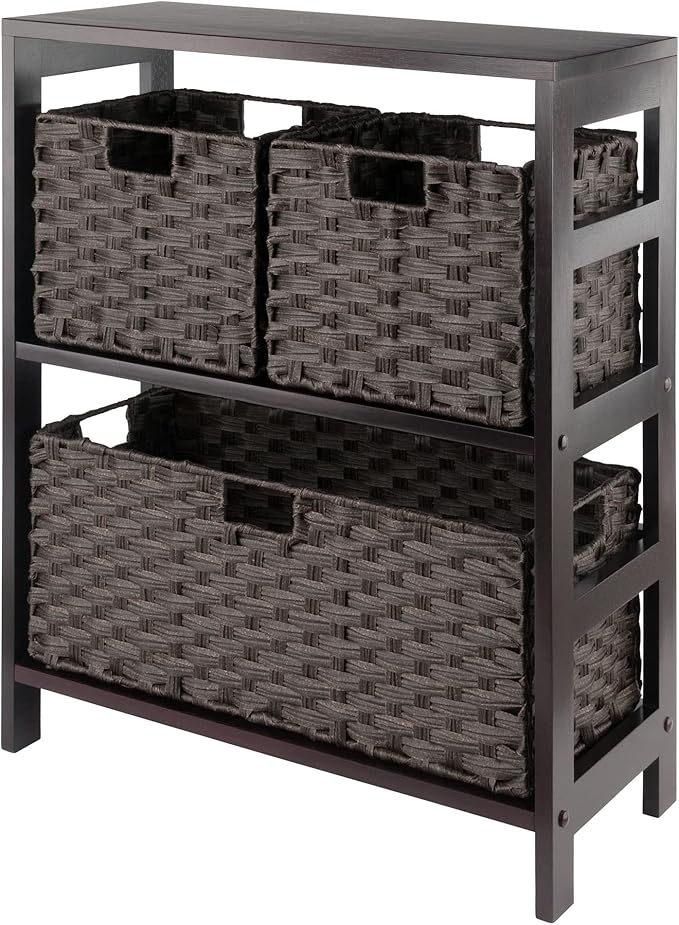 Winsome Leo 2-Tier Wide Storage Shelf with 3 Foldable Woven Baskets, for Living Room, Home Office, Bedroom, Espresso