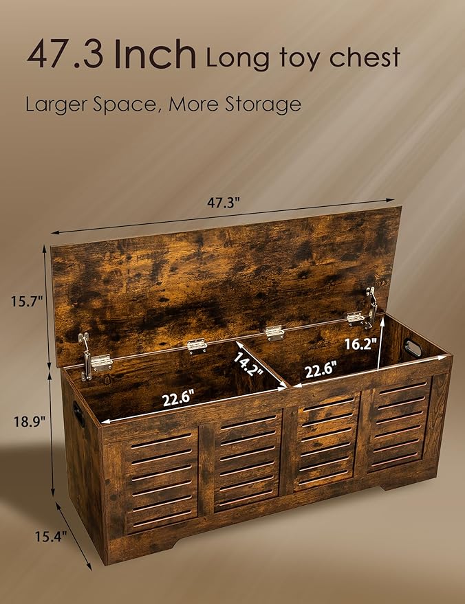DINZI LVJ Storage Chest, 47.3â Wooden Toy Box with 2 Safety Hinges, Retro Entryway Shoe Storage Bench with Flip-Top, Sturdy Large Storage Trunk for Living Room, Bedroom, Easy Assembly, Rustic Brown