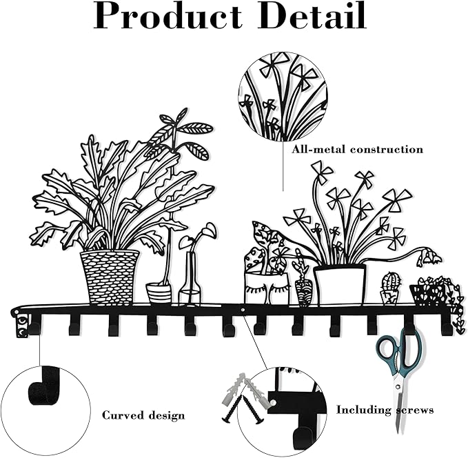 Black Large Metal Rack Wall Mount, Decorative Wall Hanger with 12 Hooks for Coat, Hat, Bag, Car Key, Unique Wall Hooks for Entryway, Front Door, Bathroom, Kitchen, Office, Home Organization