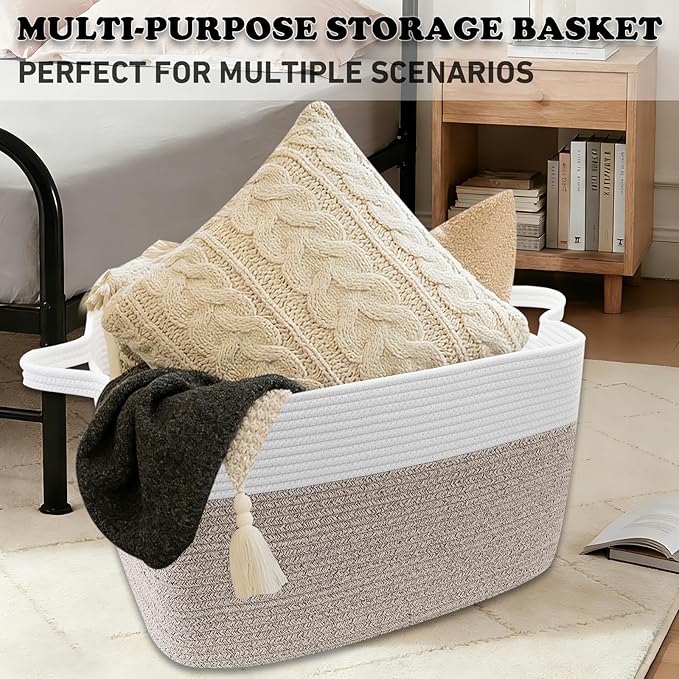 Magazine & Newspaper Baskets,Large Woven Rope Blanket Basket,24"x16"x15"Storage Bin with Handle,Toys Storage,Laundry Basket for Home Organization/Living Room/Nursery/Bedroom,White&Brown