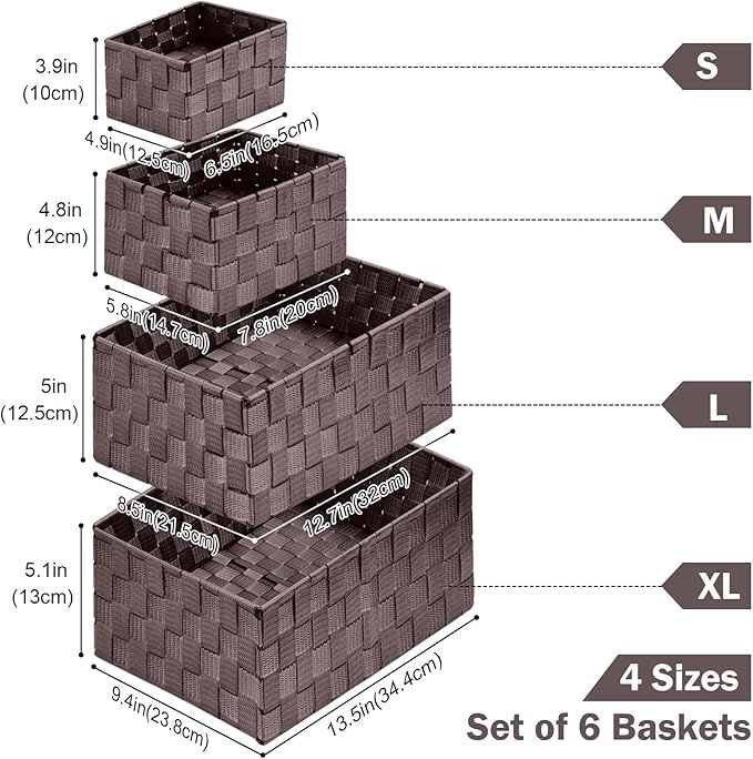 Woven Storage Baskets, Storage Bins, Cube Basket Container Baskets Storage Boxes Organizers for Clothes /Shelves/ Closet, Set of 6 (Brown)