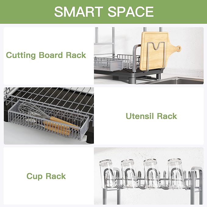 2 Tier Stainless Steel Large Capacity Dish Drainers Drying Rack for Kitchen Counter, Metal Gray Rust Proof Plate Strainers Holder On Countertop with Drainboard Tray, Space Saving, Aesthetic Modern