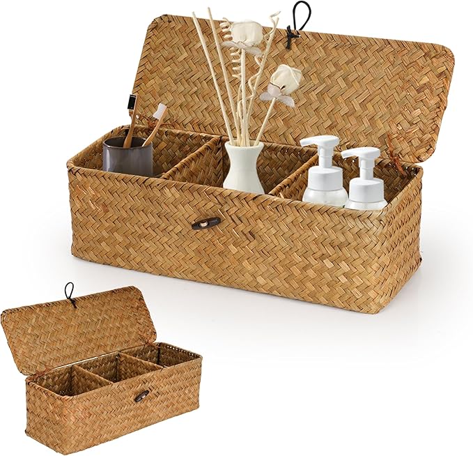 3 Compartment Storage Woven Basket with Lid, Rectangular Wicker Baskets Organizer for Bathroom Counter, Seagrass Woven Storage Baskets for Toilet Paper (12.6x4.7x4.3 inch)