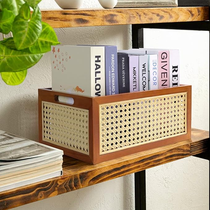 Rattan Storage Basket Large Handmade Woven Storage Bin for Organizing Decorative Wooden Box for Rustic Farmhouse Decor Home Office Tabletop Shelf Organizer, 13.8"L x 9.8"W x 6.3"H