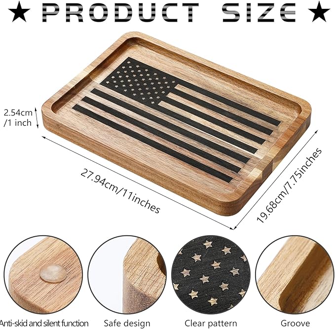 American Flag Valet Tray for Men Wood Catch All Dump Tray EDC Organizer Every Day Carry Bedside Nightstand Table Entryway Holder for Keys Wallet Watches Phones Jewelry 11 x 7.75 x 1 Inch