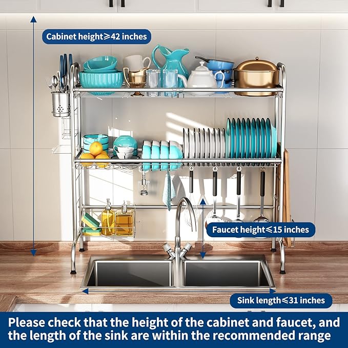 MOUKABAL Dish Drying Rack - Stainless Steel Over The Sink Dish Drying Rack (Expandable Length), 2 Tier Large Dish Rack with Utensil Holder, 32.3" - 33.9"(L) x 11.4"(W) x 32.3"(H) Silver