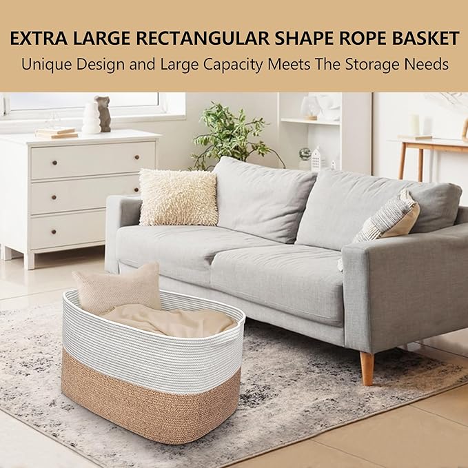 108L Super Large Blanket Basket, 25" x 16" x 16" Woven Jumbo Basket for Blankets, Toys, Laundry, Extra Large Cotton Rope Pillow Holder Organizer, Entryway Shoes Bin, Living Room Storage