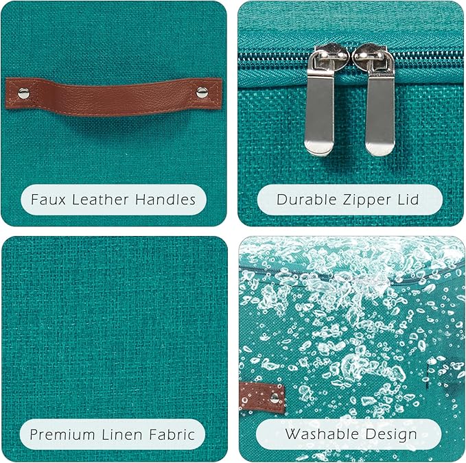 2 Pack Storage Bins with Zipper Lid Cotton Linen Fabric Lidded Storage Baskets Boxes Foldable Washable Closet Shelf Clothes Organizer Container with PU Leather Handles (Teal Blue, Large)