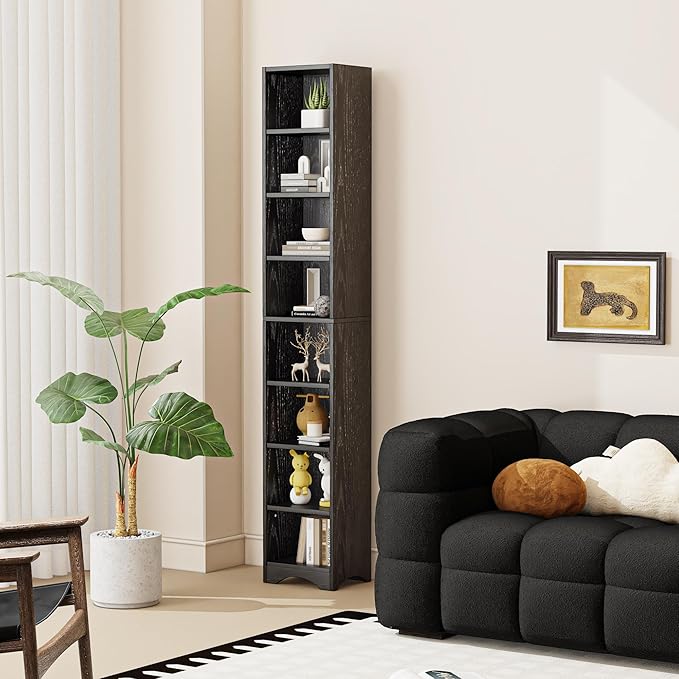 VECELO Narrow Tall 71 inch Adjustable Bookshelf - Customizable Shelf Heights, Elevated Dust/Moisture-Proof Base, Rustic Wood Display Shelf for Living Room Bedroom Small Spaces-Black
