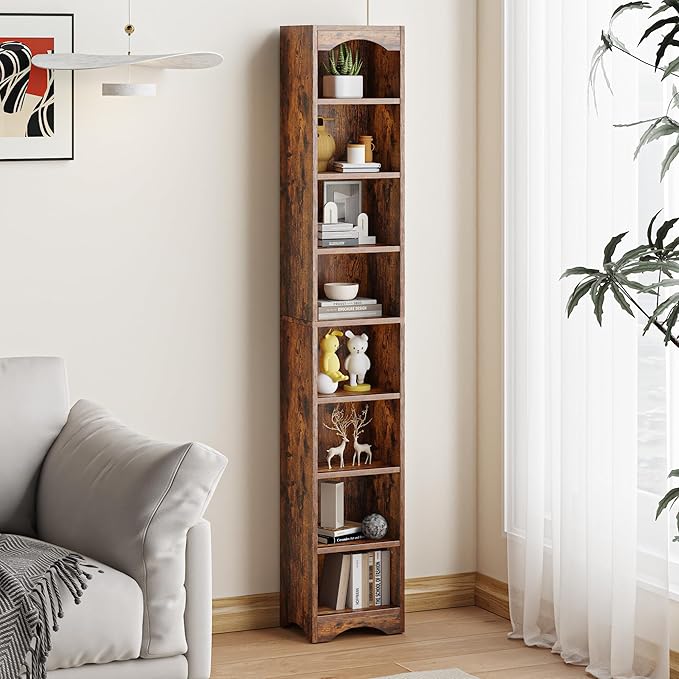 VECELO 6 Adjustable Shelf Narrow Storage Shelf - Elevated Dust-Resistant Base, Customizable Compartment Heights, Brown Display Shelf for Small Spaces