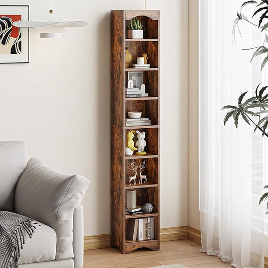 VECELO 6 Adjustable Shelf Narrow Storage Shelf - Elevated Dust-Resistant Base, Customizable Compartment Heights, Brown Display Shelf for Small Spaces
