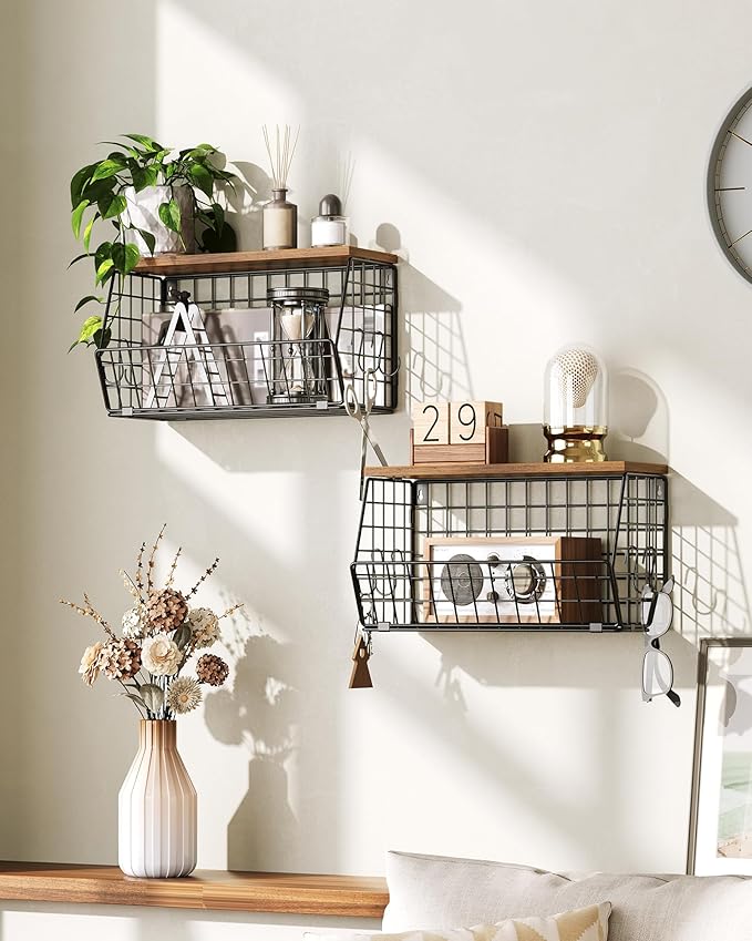 2-Tier Fruit Basket for Kitchen, Stackable wire basket with Wooden Lid, Hanging Basket with 4 Banana Hanger Hooks, for Snack, Fruit, Vegetable Storage, Rustic Brown and Black TCW04P2BF