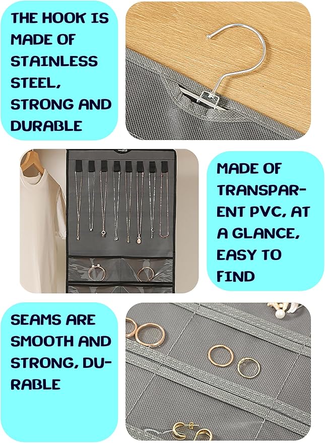 ONEPEACE Hanging Jewelry Organizer: Necklace & Earring Holder with Pockets for Closet, Wall or Door (Beige)