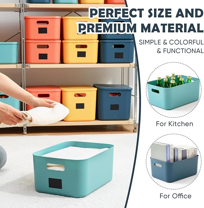 Plastic Storage Bins with Lid, Stackable Storage Containers for Organizing, Decorative Storage Baskets for Shelves Living Room Playroom Classroom Office (Medium 2PCS (Blue+Green))