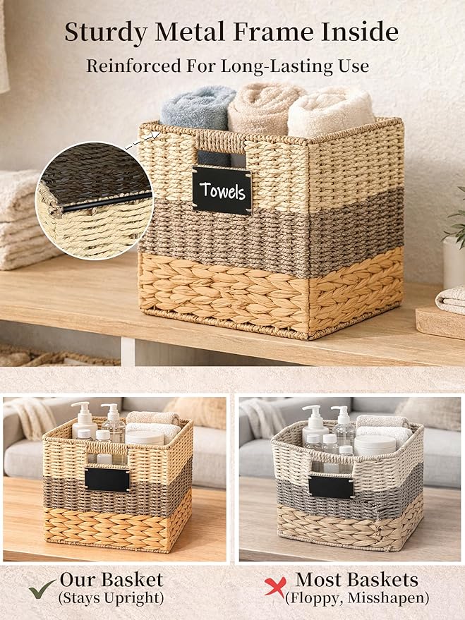 Storage Basket, 12x12x12 Inch Storage Cubes, Water Hyacinth Wicker Basket for Storage, Handmade Woven Baskets for Organizing, Set of 4 Wicker Storage Baskets for Shelves