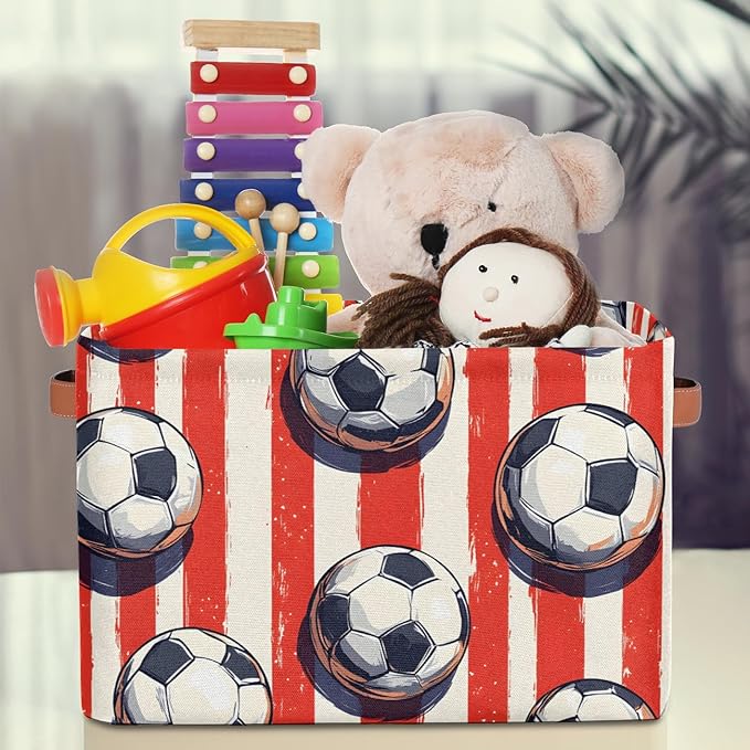 Storage Bins for Organization, Soccer Canvas Book Storage Bins with Handles, Bedroom Shelves Decorative Baskets for Organizing, Fabric Cube Bin Classroom Dorm Closet Organizer Box