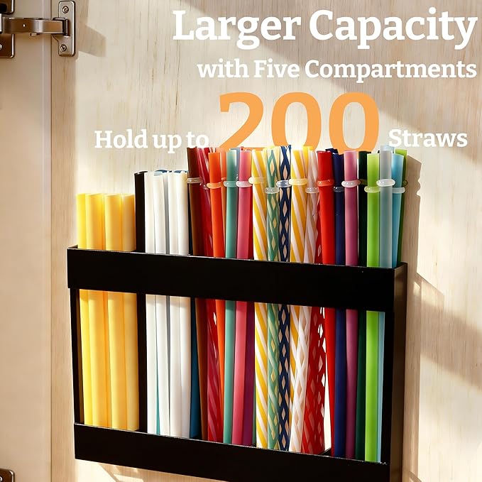 9.5” Large Acrylic Straw Holder for Cabinet Door with Ultra Sticky Adhesive Squares and Stickers, 2026 Reusable Straws Organizer Storage Dispenser for Kitchen Counter Cupboard