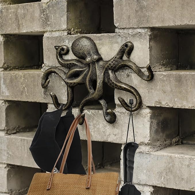 Key Holder for Wall, Octopus Wall Hooks Decorative for Hanging, Cast Iron Coat Hooks/Towel Hooks with 6 arms - Bronze