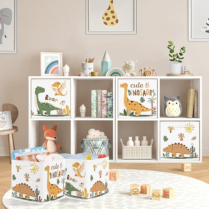 11.8" Boho Dinosaurs Cube Storage Organizer Set 3Pcs Palms Eggs Cube Storage Bin for Bathroom/Bedroom Kid Book Toy Chest, Cacti