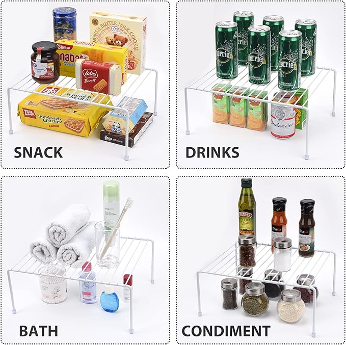 Set of 4 - Kitchen Storage Shelf Rack (13.1 x 10.2 Inch)/Plastic Feet - Medium - Steel Metal - Rust Resistant Finish - Cups, Dishes, Cabinet & Pantry Organization - Kitchen (White)