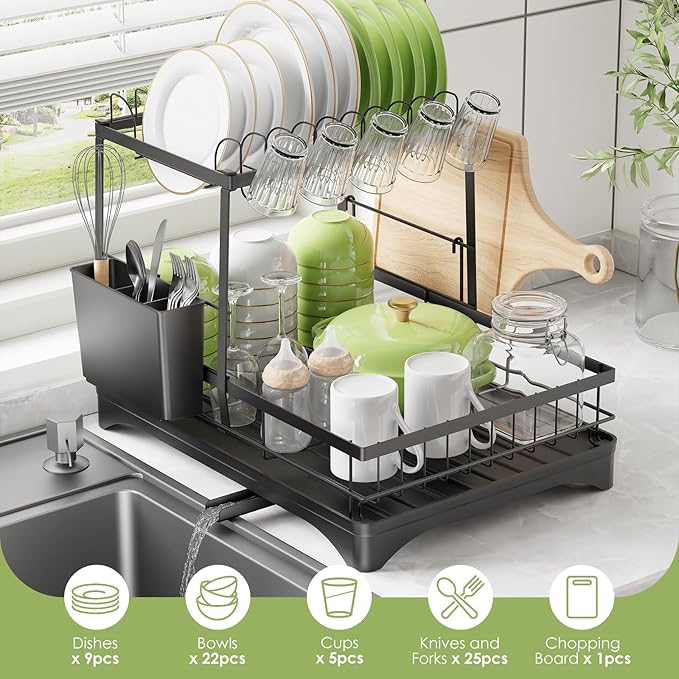 Dish Drying Rack, Dish Racks for Kitchen, 1 Tier or 2 Tiers Large Dish Drainer Organizer with Utensil Holder, Kitchen Counter Organizers and Storage Rack with Drainboard, Screw-Free Mounting (Black)