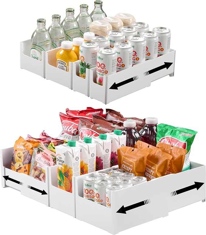 Adjustable Storage Bins for Home and Kitchen, Deep Stackable 7 Pieces Different Sizes Organizing Boxs for Cabinet Pantry Closet Refrigerator and Cupboard in White Plastic，WH-AD-White-Set-7PC