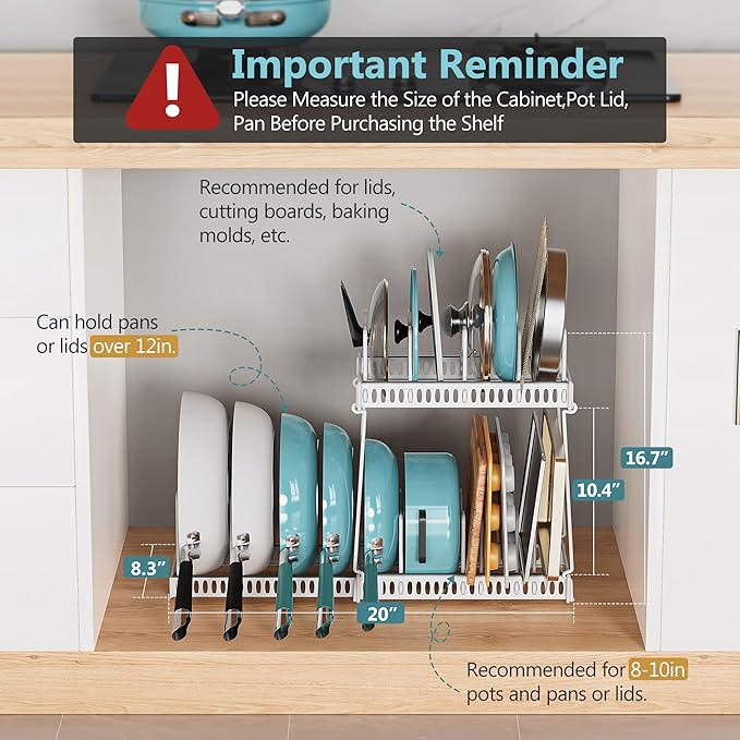3-Pack Pots and Pans Organizer for Under Cabinet, 2Tier 14 Dividers 3 DIY Method Expandable Easy Install, Kitchen Pot Pan Lid Rack Storage Holder Organizers Inside Cabinet, White