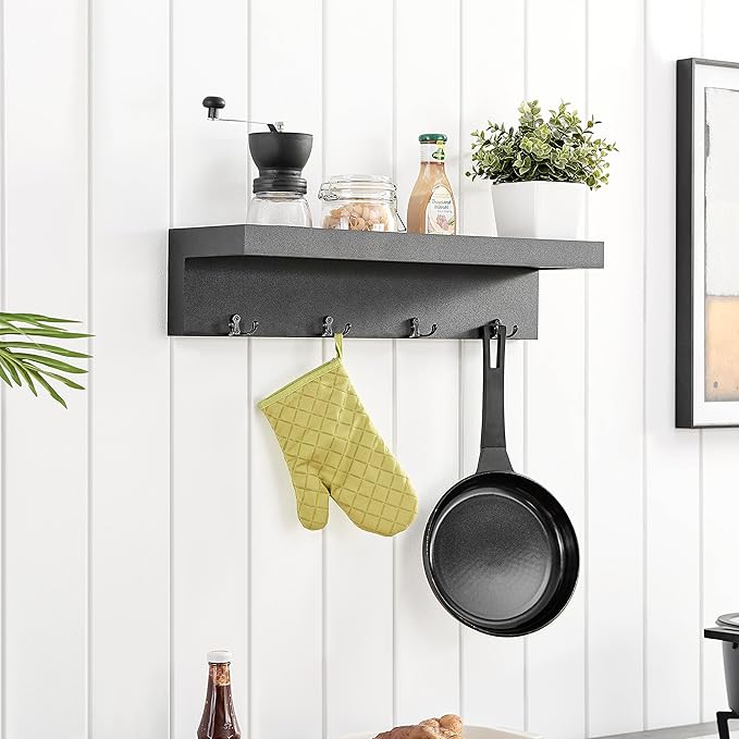 Danya B Wall Mounted Entryway Floating Coat Rack with Four Hanging Hooks and Decorative Ledge Shelf - Great for Entryways, Hallways, Bedrooms, Kitchens, and Bathrooms (Black)