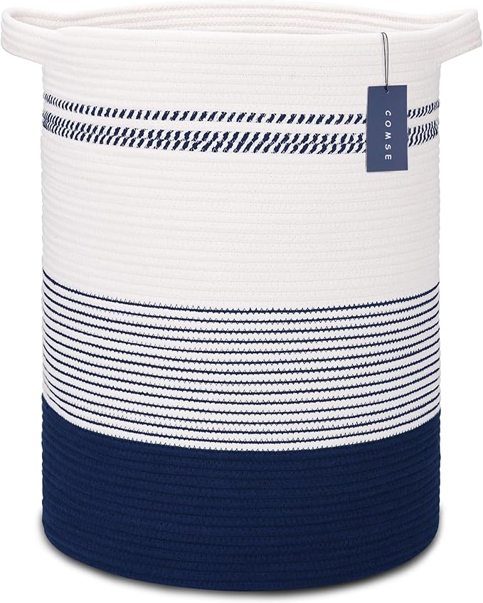 COMSE Extra Large Blanket Basket, Tall Laundry Basket, Nursery Hamper, 15.7âx 21.7â, Cotton Rope Woven Laundry Hamper for Storage Toys Clothes Towels, Navy Blue & White