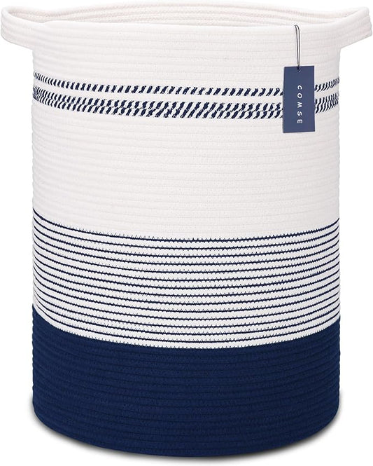 COMSE Extra Large Blanket Basket, Tall Laundry Basket, Nursery Hamper, 15.7âx 21.7â, Cotton Rope Woven Laundry Hamper for Storage Toys Clothes Towels, Navy Blue & White