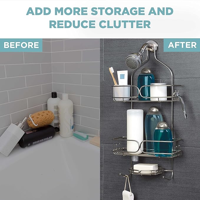 Zenna Home Shower Caddy Hanging Bathroom Organizer, Stainless Steel Shower Rack with 2 Shelves and Built in Hooks, Rustproof Over Shower Head Storage System, Stainless Steel
